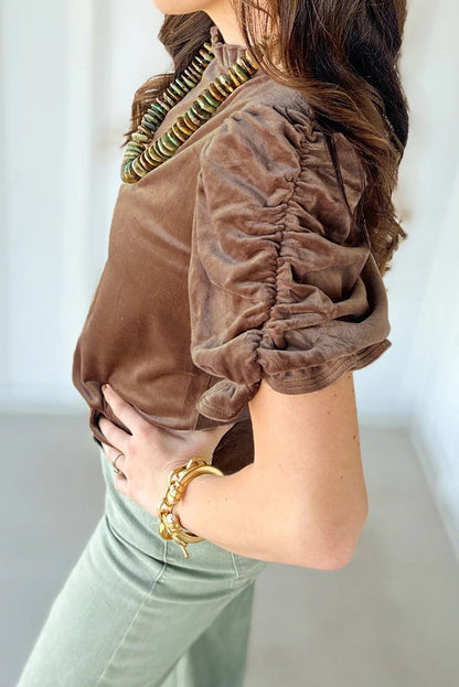 Ruffled Arm Velvet Top | Camel