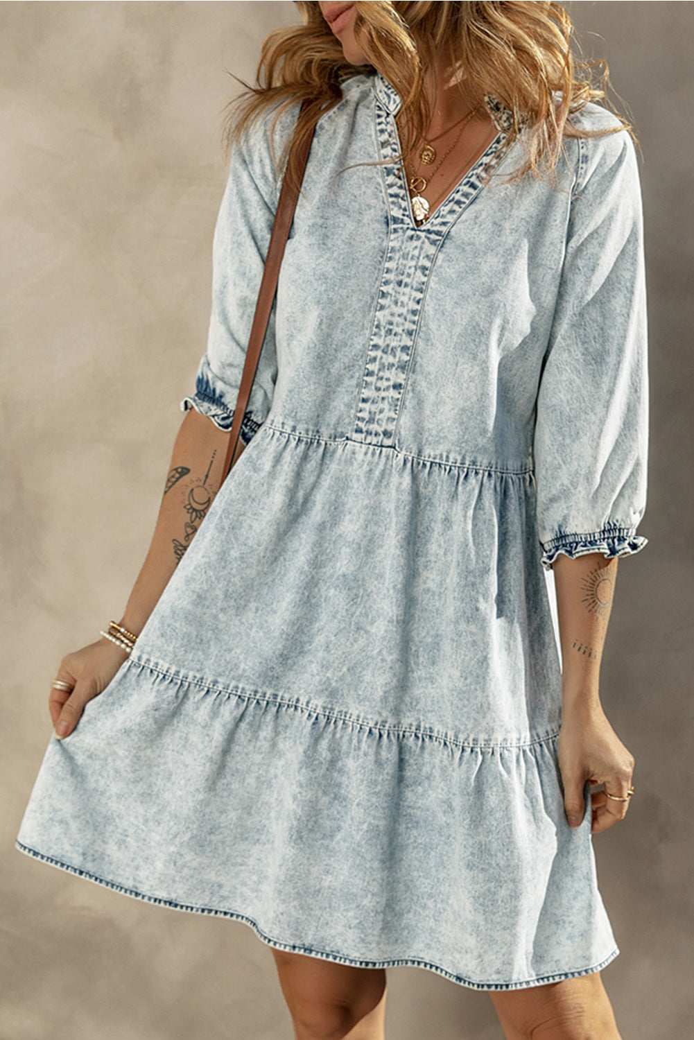 Acid Wash Retro Half Sleeve Flared Denim Dress | Dusk Blue