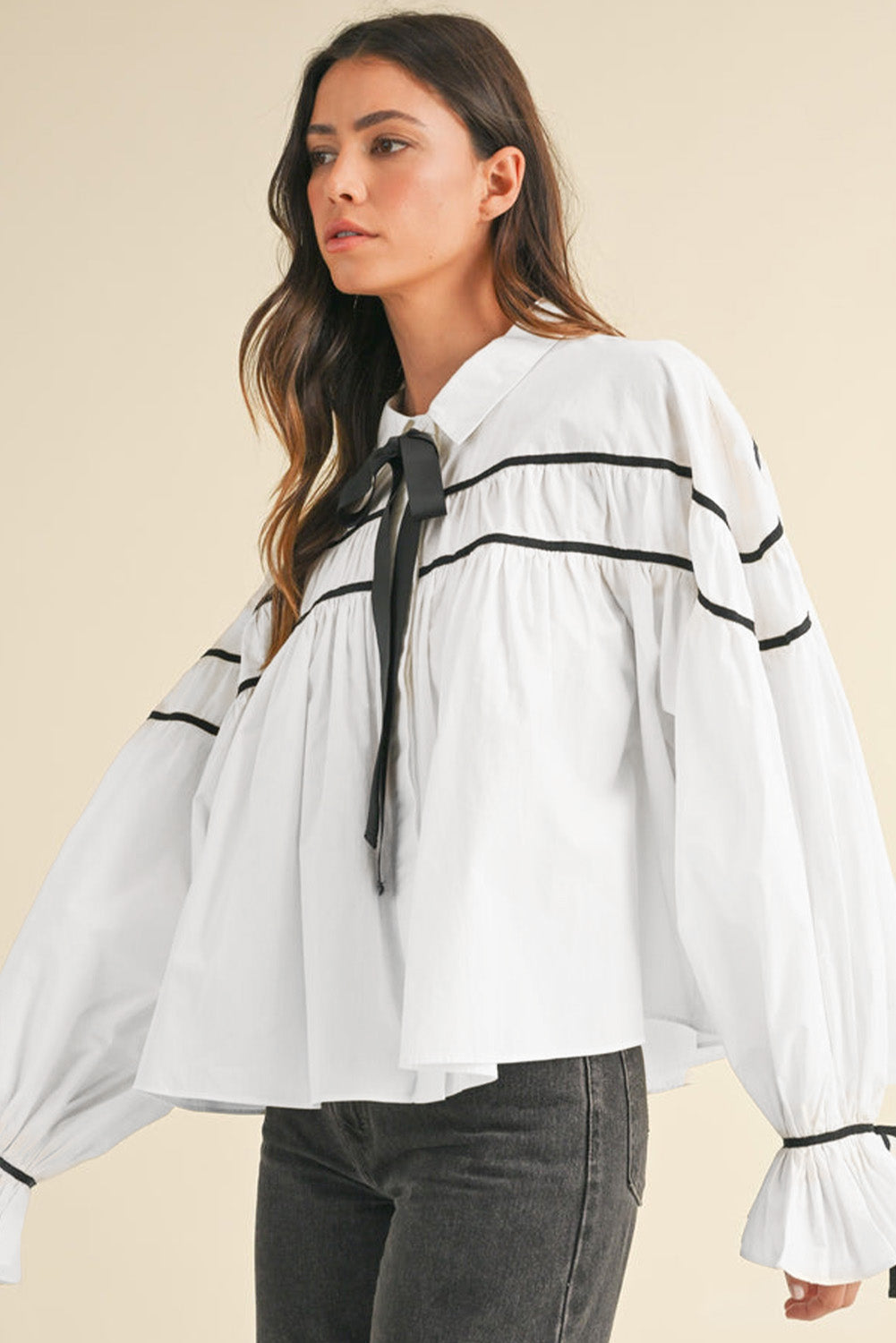 Black Pipping Ribbon Bowtie Collared Ruffled Puff Sleeve Shirt | White