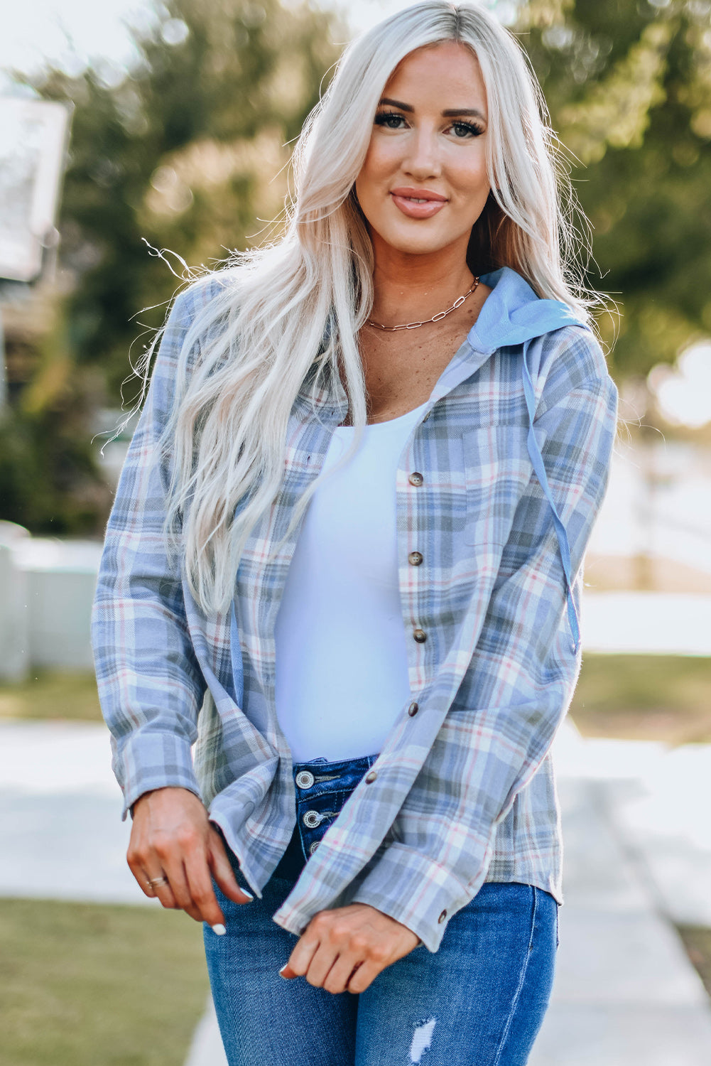 Plaid Print Pocket Drawstring Hooded Jacket | Sky Blue