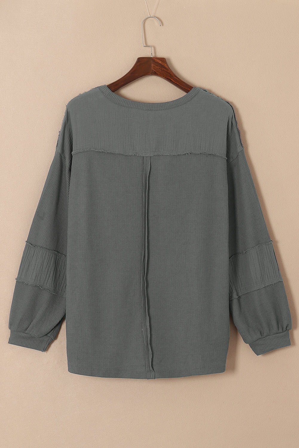 Exposed Seam Patchwork Bubble Sleeve Waffle Knit Top | Gray