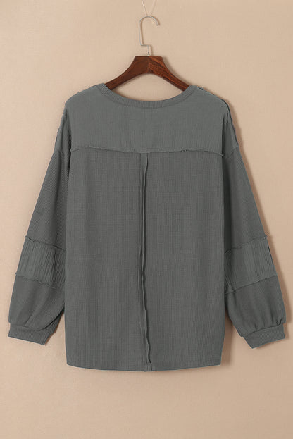 Exposed Seam Patchwork Bubble Sleeve Waffle Knit Top | Gray