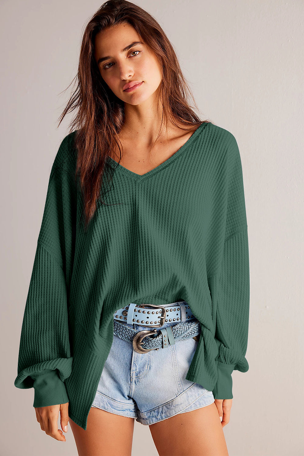 Waffle V Neck Long Sleeve Drop Shoulder Loose Blouse | Blackish Green