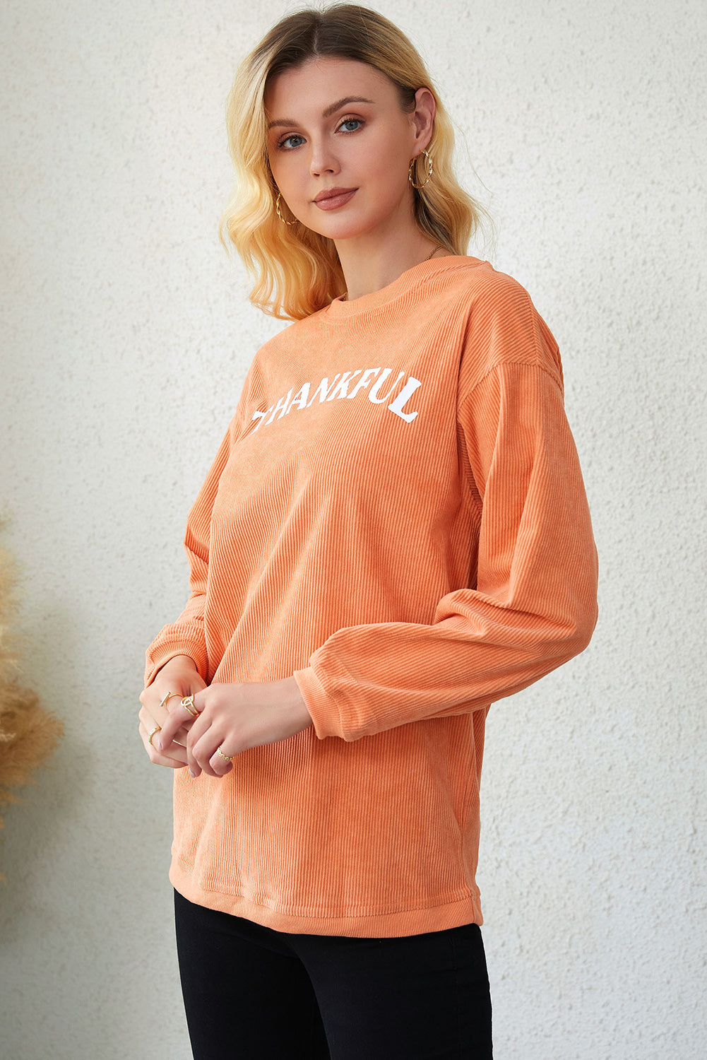 Thankful Ribbed Corduroy Oversized Sweatshirt | Orange