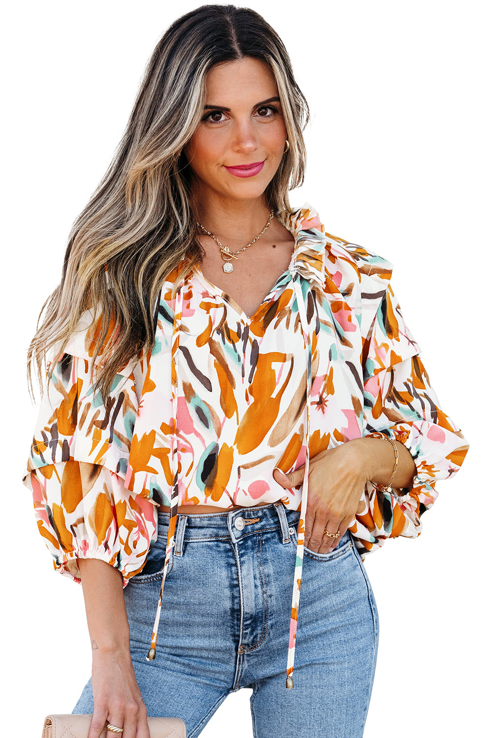 Abstract Print Drawstring Frilled V Neck 3/4 Sleeve Blouse | Yellow