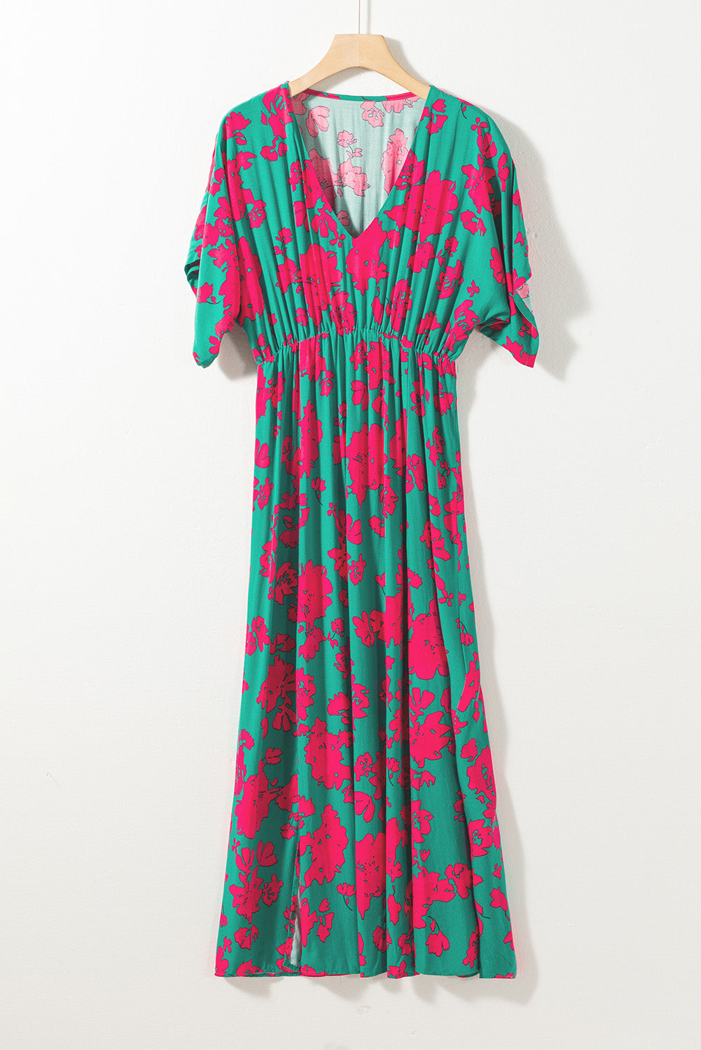 Printed V Neck Short Sleeve Split Flared Maxi Dress | Sea Green