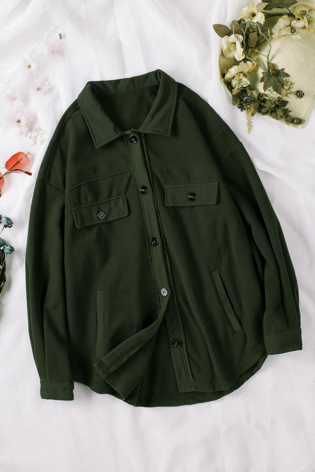 Turn Down Collar Buttoned Shirt Jacket | Green