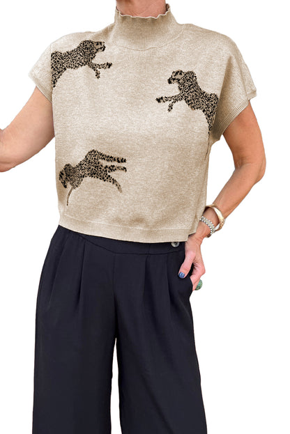 Lively Cheetah Pattern High Neck Short Sleeve Sweater | Apricot