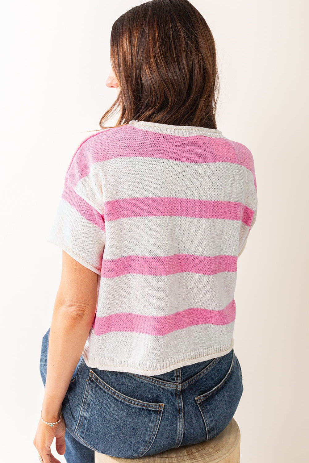 Dropped Short Sleeve Lightweight Knitted Top | Pink Stripe