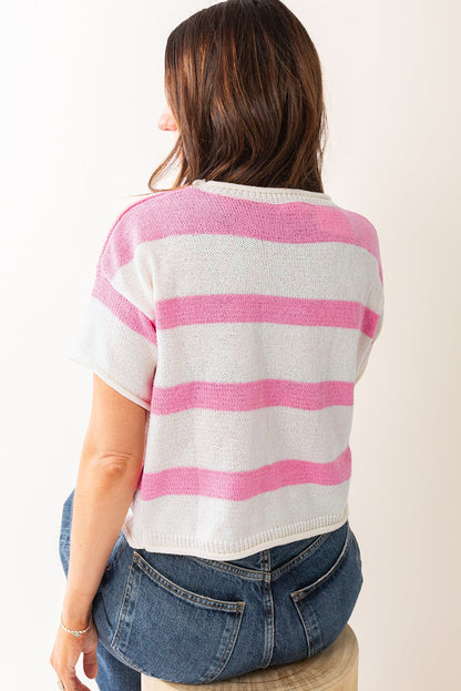 Dropped Short Sleeve Lightweight Knitted Top | Pink Stripe