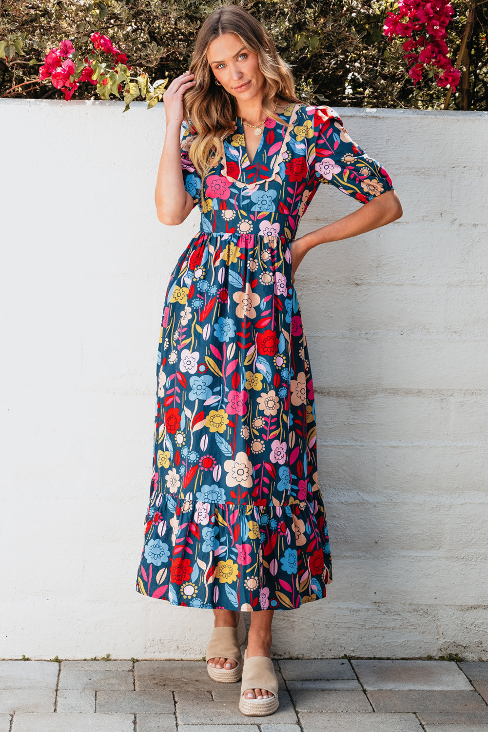 Retro Floral Printed Split Neck Maxi Dress | Green