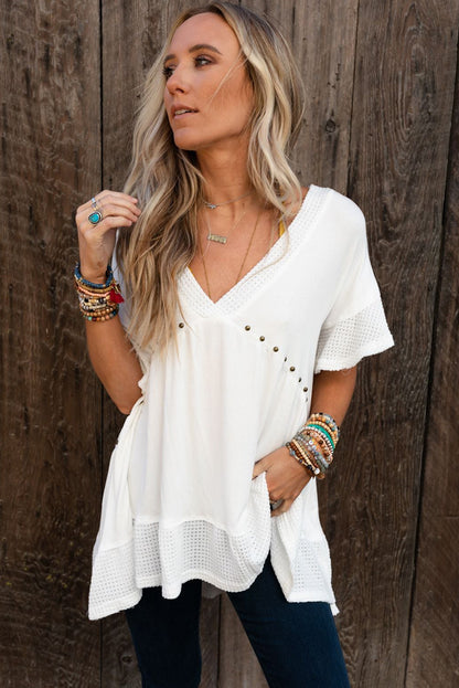 Contrast Knit Splicing V Neck Studded Blouse | White