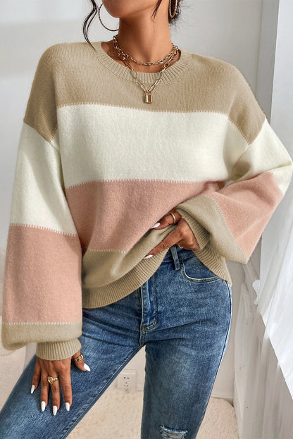 Colour Block Lantern Sleeve Drop Shoulder Sweater | Dusty Pink