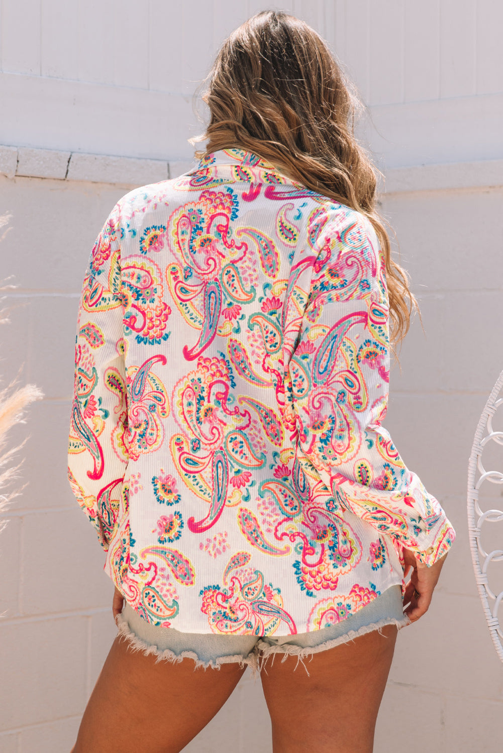 Paisley Pattern Print Buttoned Corduroy Shacket | White