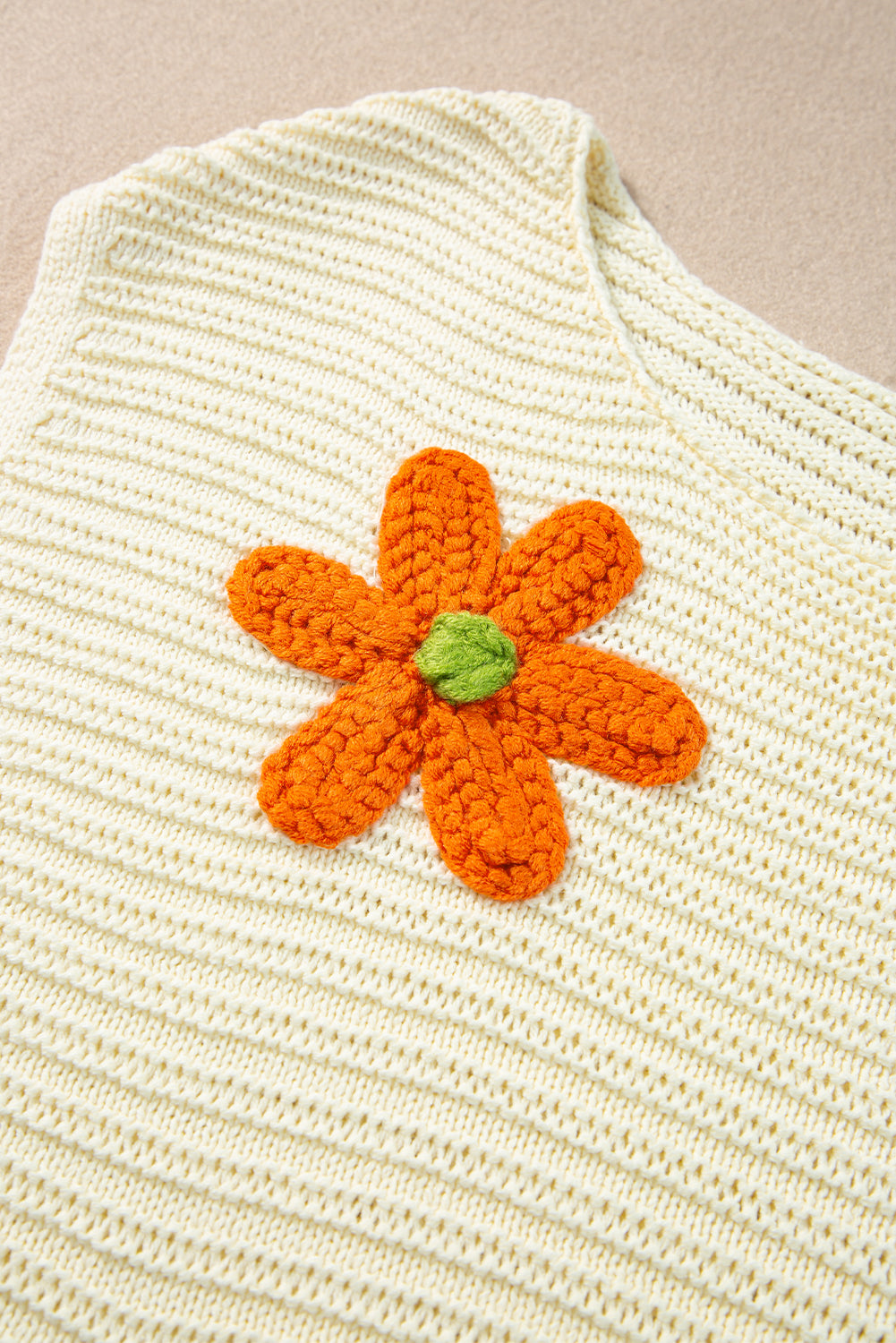 Flower Crochet Round Neck Knitted Top | White