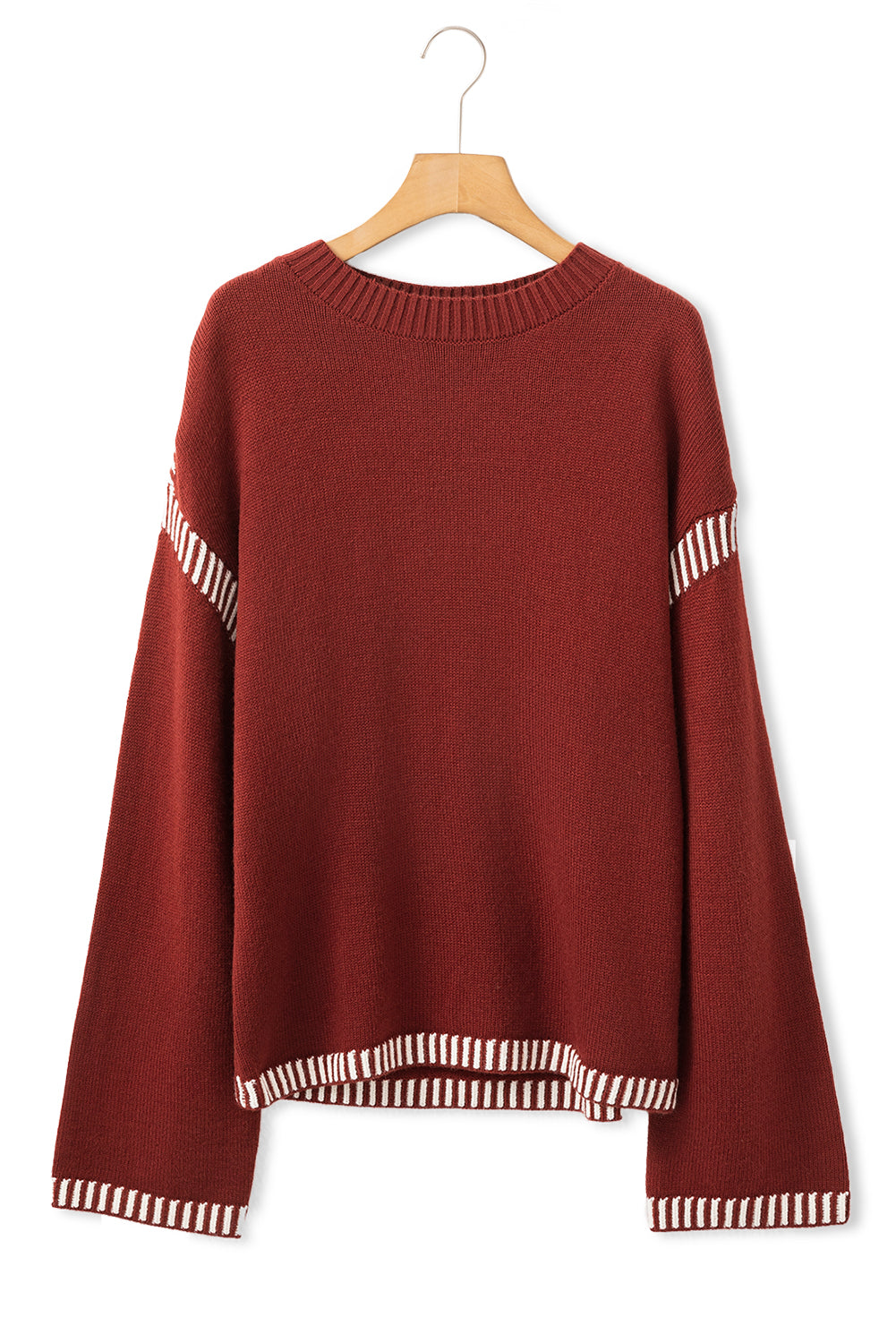 Colour Contrast Trim Drop Shoulder Crew Neck Sweater | Red Dahlia