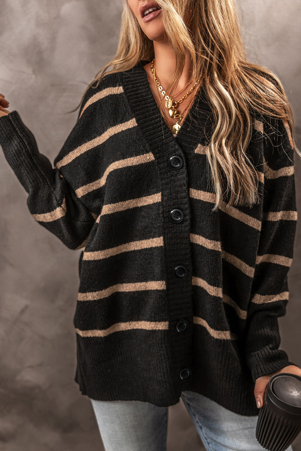 Buttoned V Neck Drop Shoulder Loose Cardigan | Black Stripe