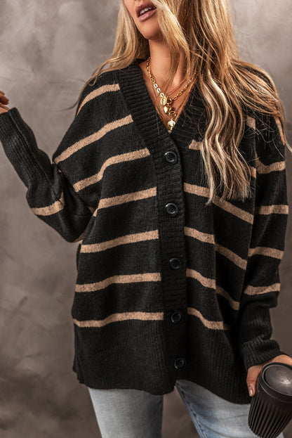 Buttoned V Neck Drop Shoulder Loose Cardigan | Black Stripe