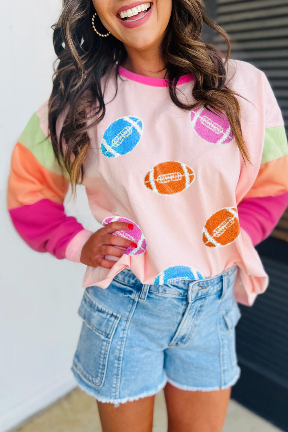 Game Day Rugby Football Graphic Colour Block Sleeve Top | Pink