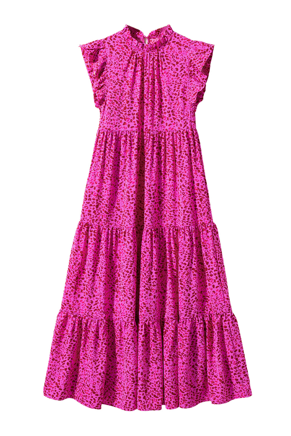 Leopard Print Ruffled Trim Tiered Maxi Dress | Rose Red