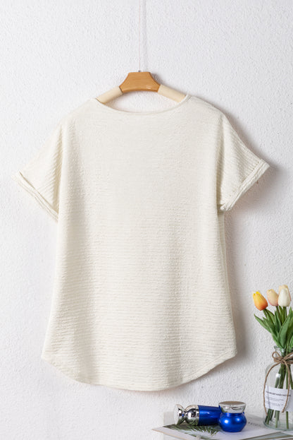 Textured Wide Sleeve V Neck T Shirt | Pale Khaki