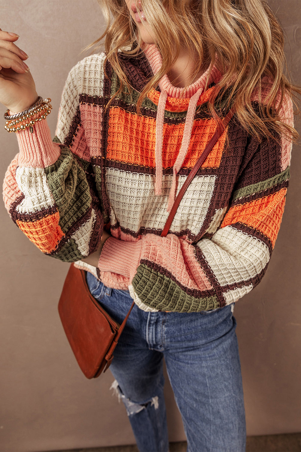 Colour Block Waffle Knit Drawstring Mock Neck Sweater | Orange