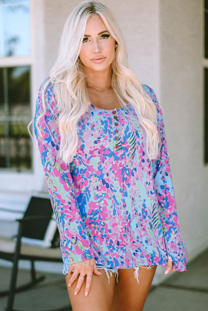 Printed Wide Neck Thumbhole Sleeve Henley Top | Multicolour