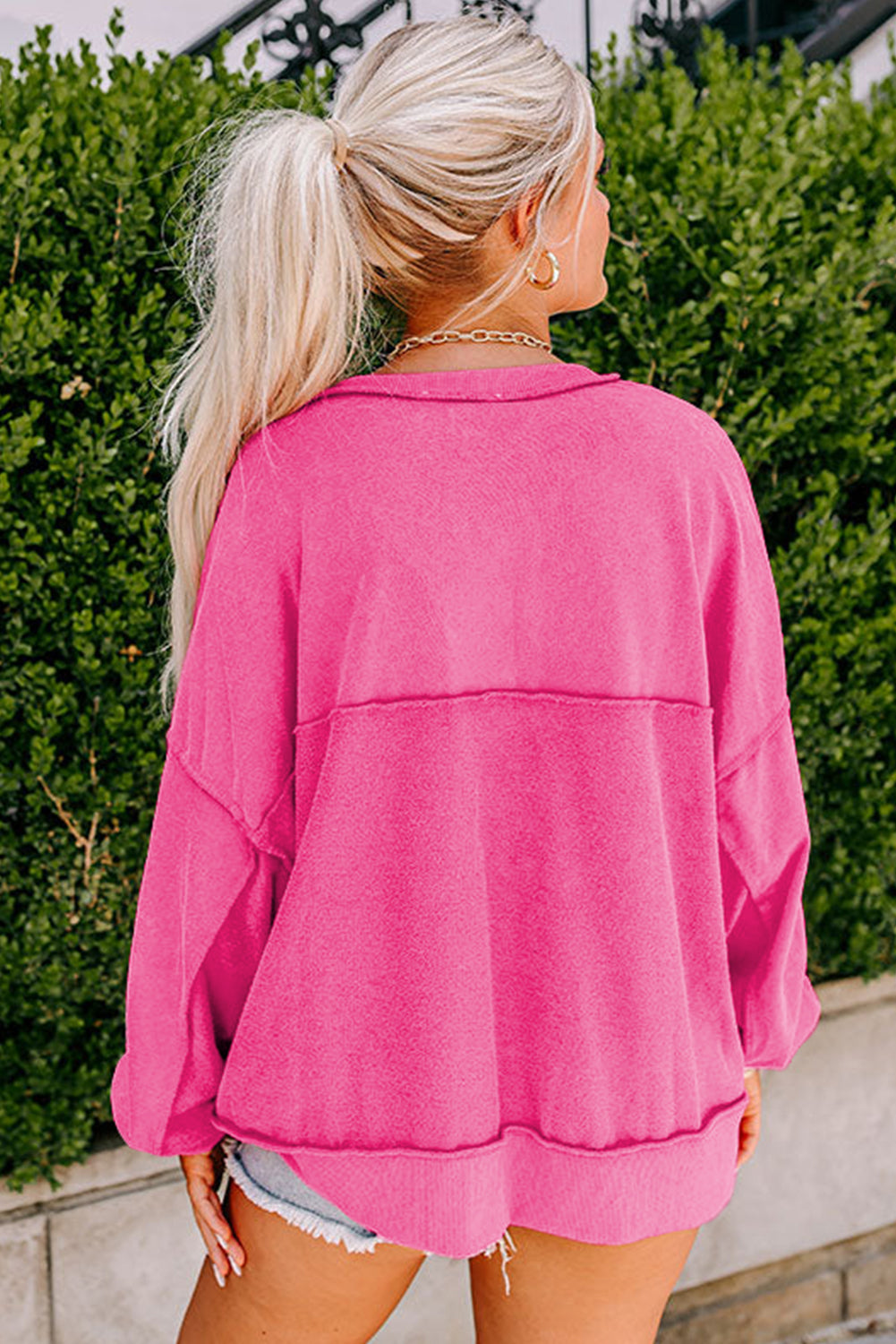 Drop Shoulder Henley Buttons Sweatshirt | Strawberry Pink