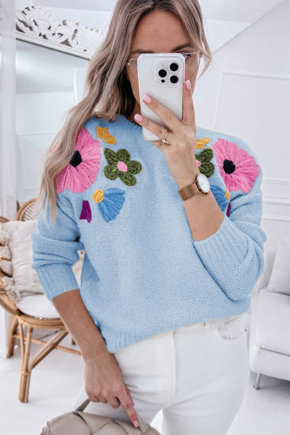 Knitted Flower Pattern Ribbed Edge Sweater | Light Blue