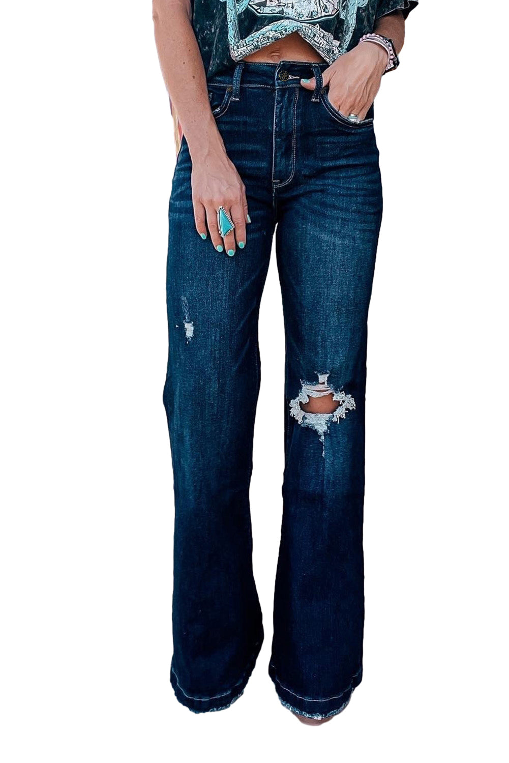 High Rise Ripped Bell Bottom Jeans | Real Teal