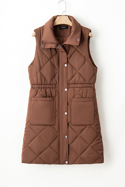 Longline Quilted Stand Collar Puffer Vest | Coffee