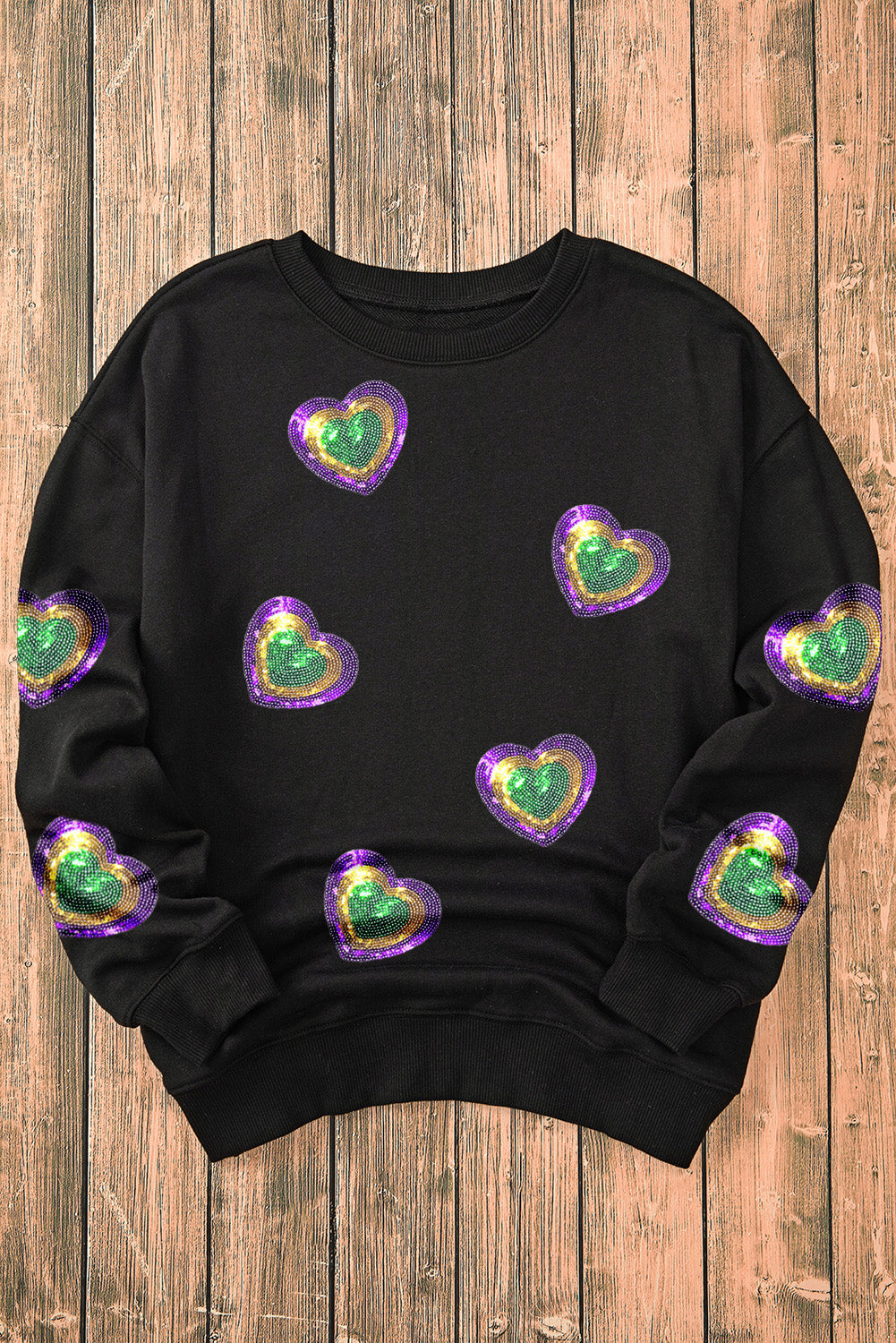 Mardi Gras Heart Print Crew Neck Sweatshirt | Black