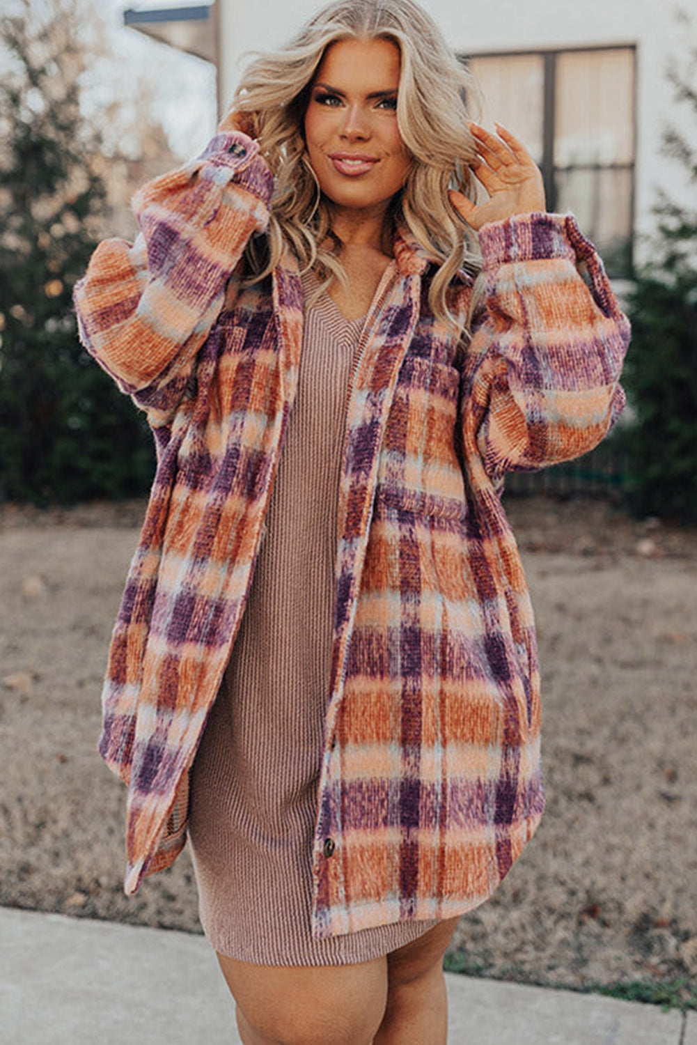 Plus Size Plaid Print Collared Button Up Jacket | Multicolour