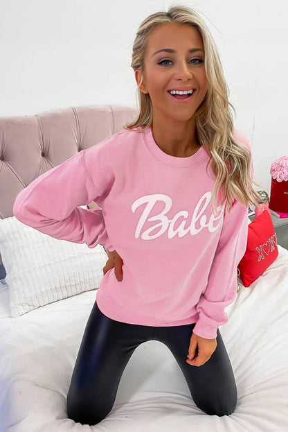 Letters Print Ribbed Knit Trim Sweatshirt | Pink