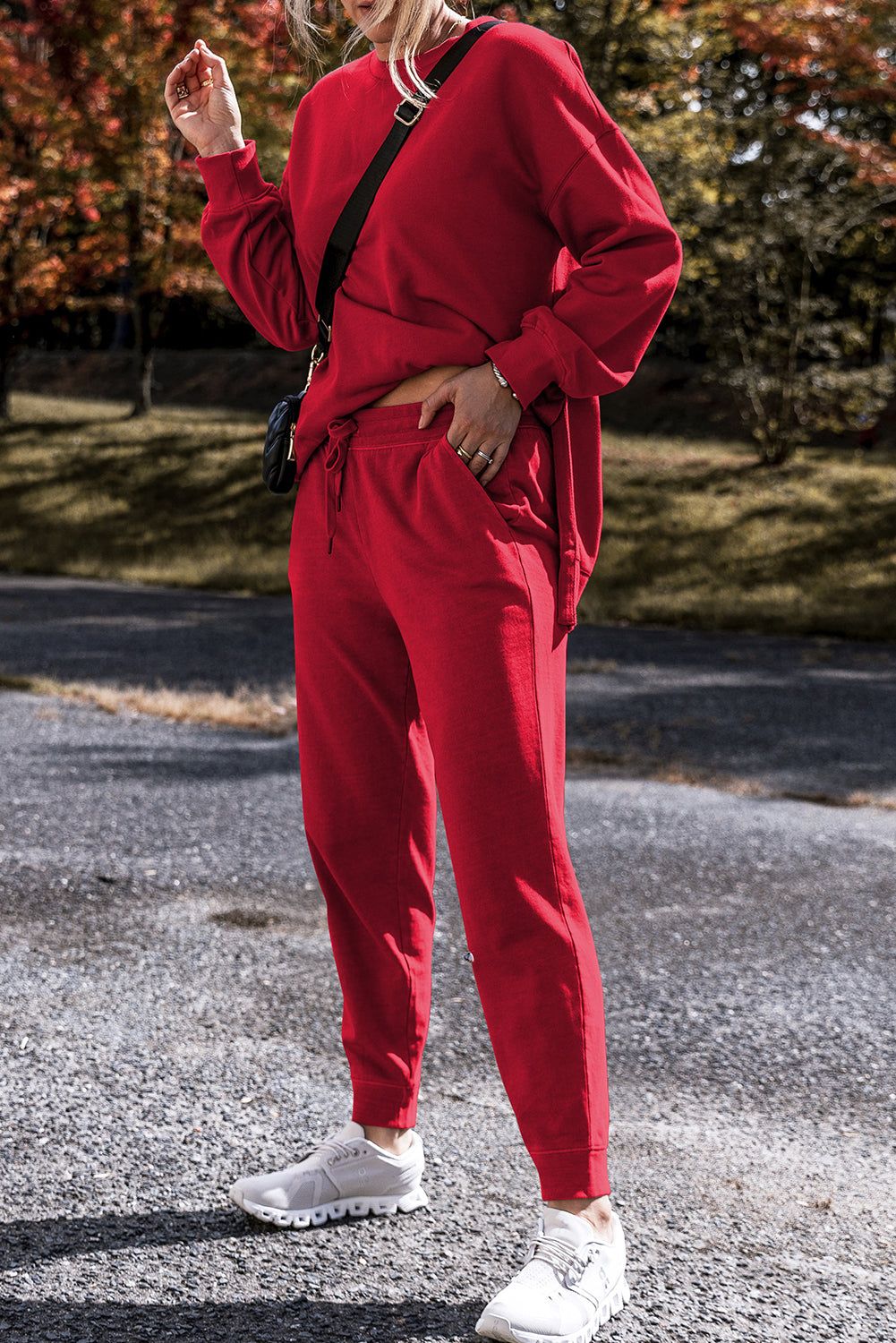 Solid Colour High Low Pullover And Skinny Pants Set | Racing Red