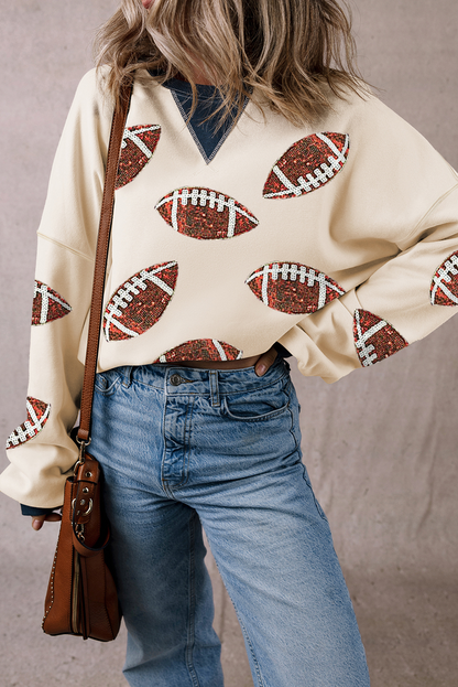 Sequin Football Graphic Crew Colourblock Sweatshirt | White