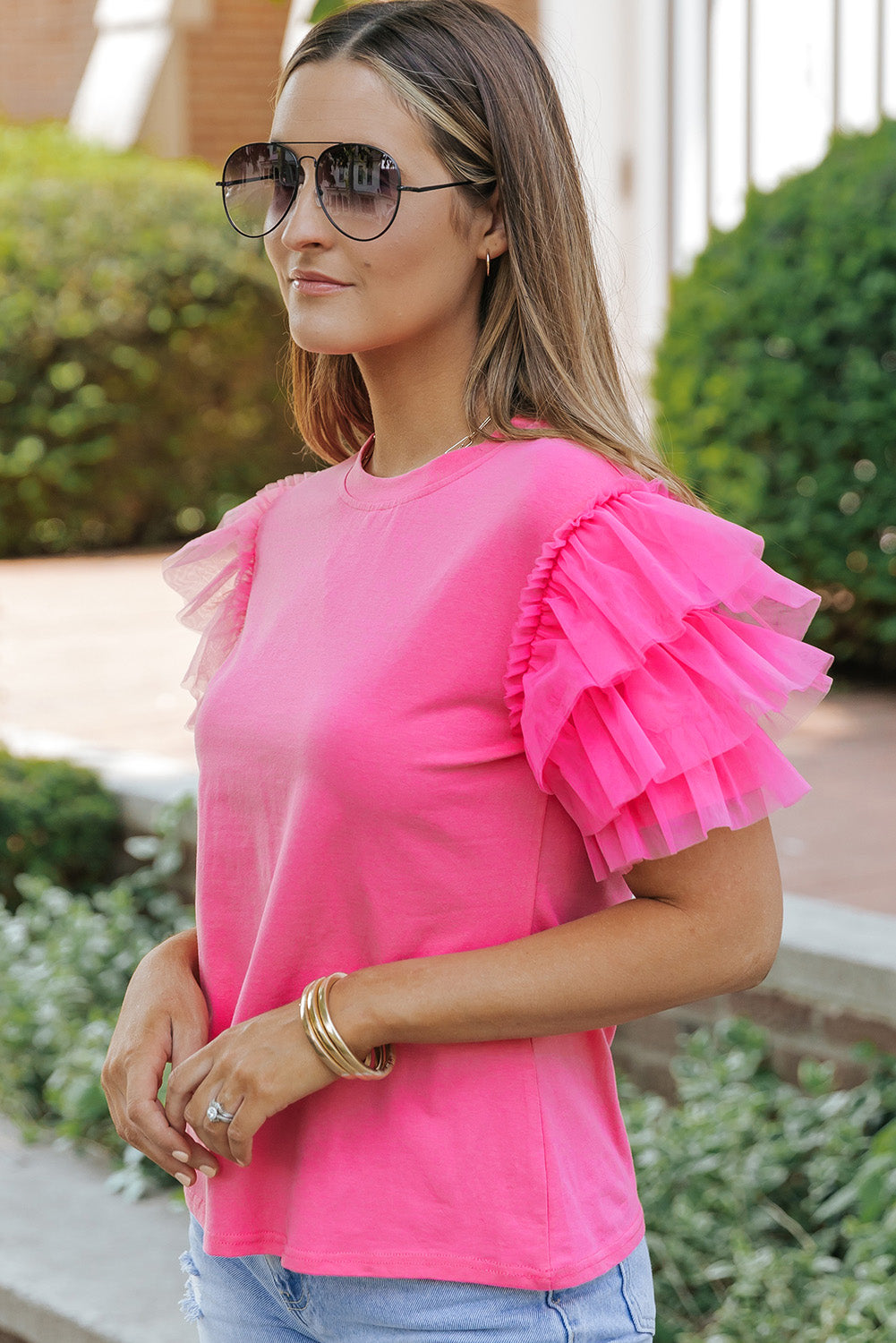 Tulle Ruffle Sleeve Blouse | Pink