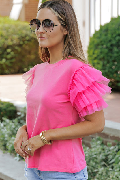 Tulle Ruffle Sleeve Blouse | Pink