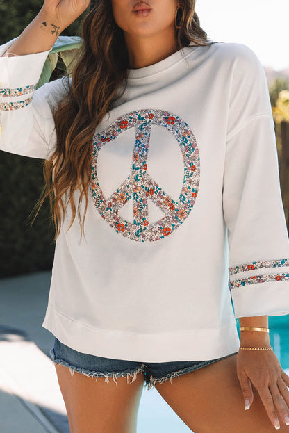 Floral Peace Sign Graphic Drop Shoulder Wide Sleeve Casual Top | Jet Stream