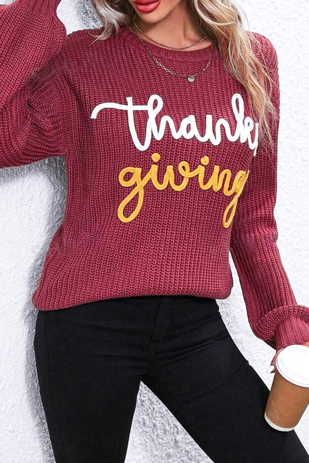 Thanks Giving Letter Graphic Crew Neck Sweater | Red Sandalwood