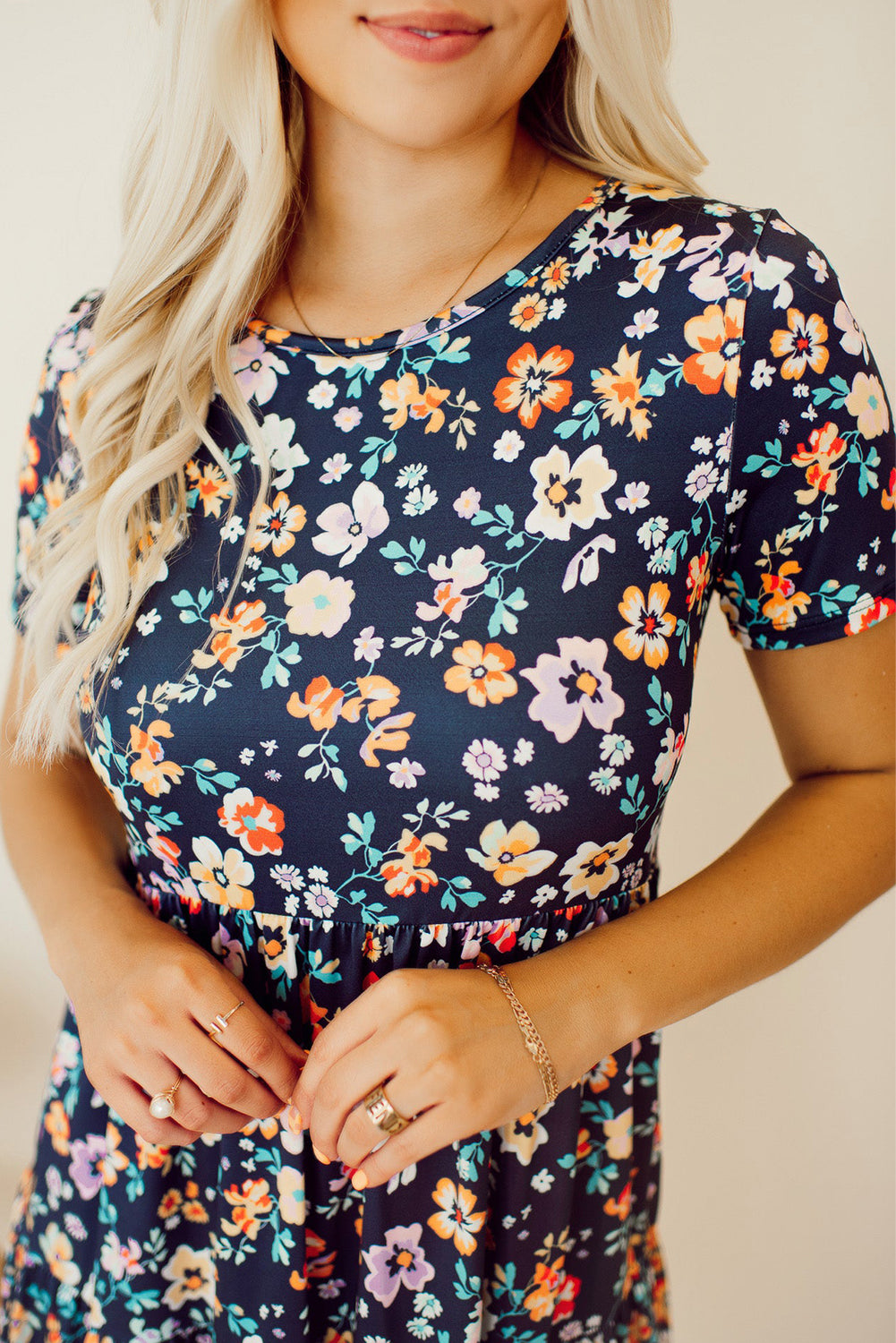 Short Sleeve A-Line Floral Dress | Blue