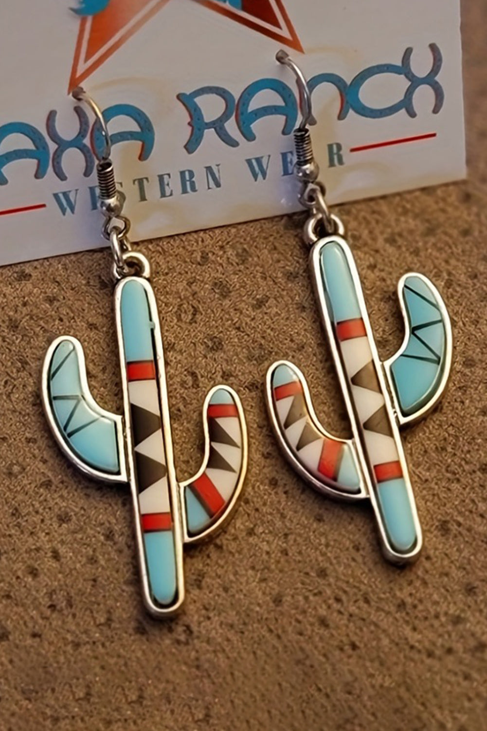 Light Blue Western Cactus Alloy Dangle Earrings