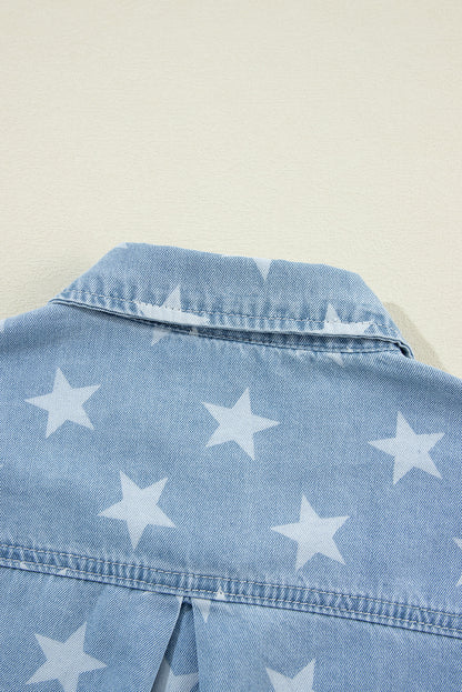 Star Print Light Wash Raw Hem Denim Jacket | Sky Blue