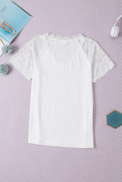 Sheer Lace Short Sleeves Eyelet Embroidered Tee | White