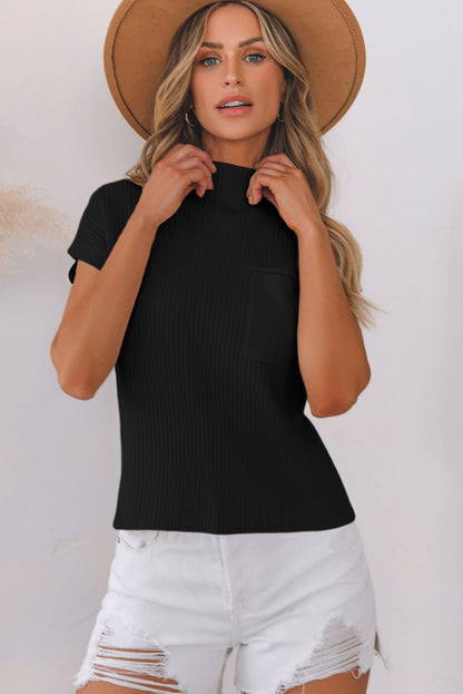 Patch Pocket Ribbed Knit Short Sleeve Sweater | Black