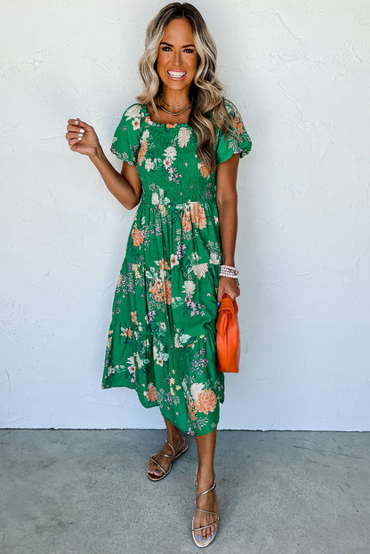 Floral Print Bubble Sleeve Smocked Tiered Midi Dress | Green