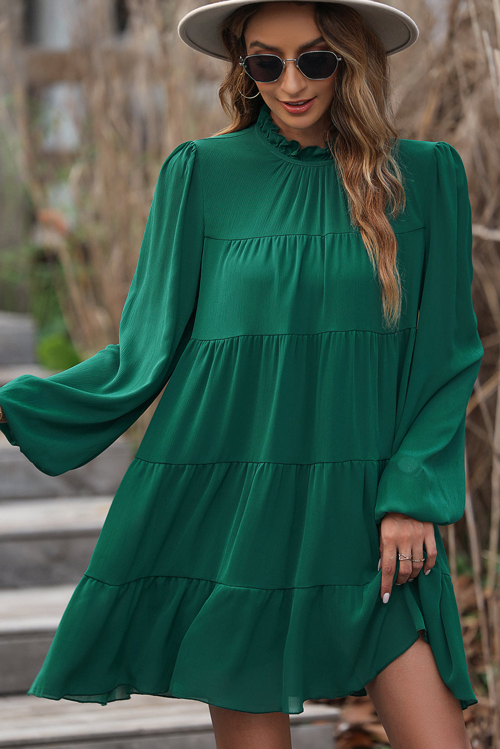 Puff Sleeve Mock Neck Back Knot Tiered Dress | Green