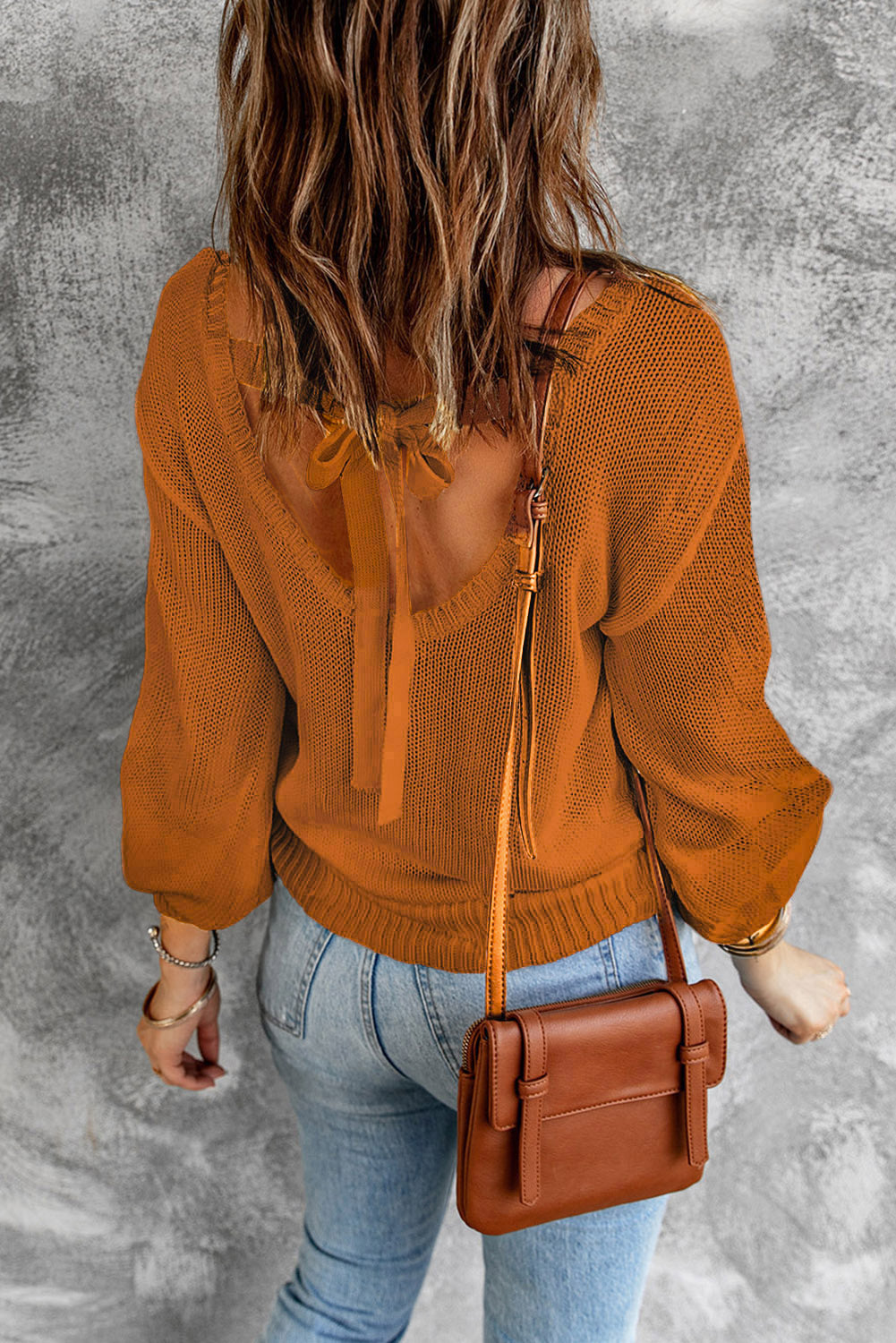 Drop Shoulder Back Cut-Out Sweater With Tie | Orange