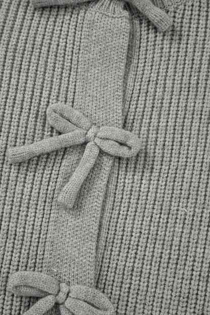 Ribbed Knit Bow Front Buttoned Cardigan | Philippine Gray