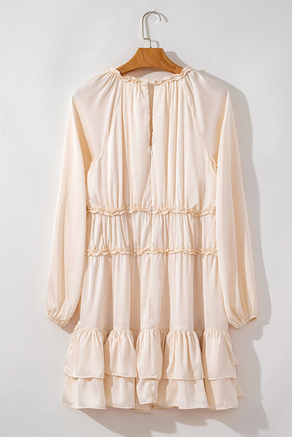 Tiered Ruffled Puff Sleeve Loose Fit Mini Dress | Apricot